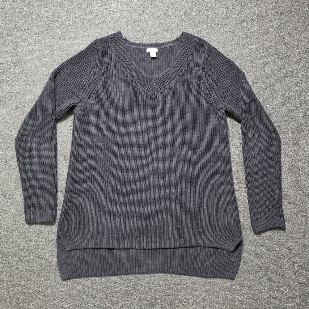 LL Bean Shaker Stitch Chunky Sweater Black Womens Large Cotton V-Neck Fisherman